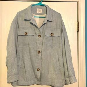 Boutique shacket with light blue and white print